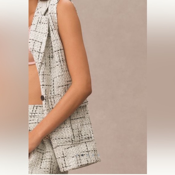 ANTHRO Tweed Vest Green Plaid Sleeveless Blazer Button Up Front Pockets Lined - Picture 4 of 10